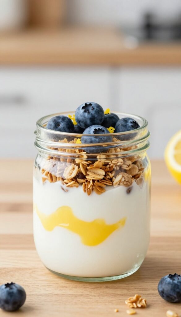 Overnight yogurt parfait jar with granola and lemon curd, topped with blueberries and lemon zest