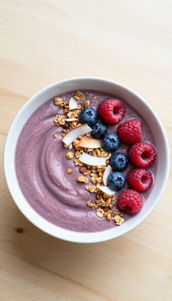 Creamy berry smoothie bowl topped with granola, coconut flakes, and fresh berries on a wooden table.