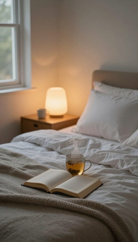 Cozy bedroom with a book and tea on a nightstand, soft lighting, inviting bedtime atmosphere.