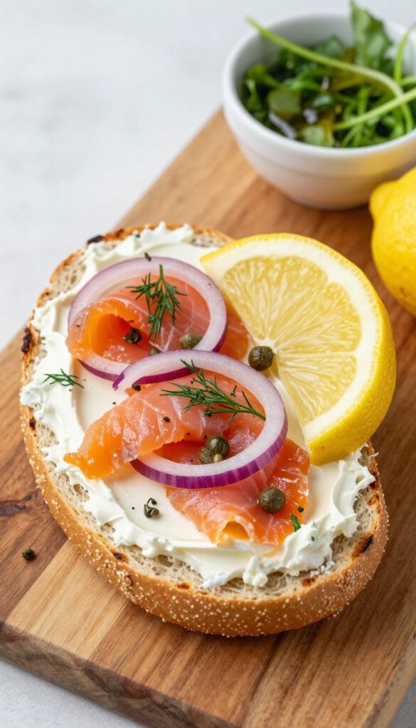 Smoked salmon and cream cheese bagel on a wooden board with capers, dill, red onion, and a lemon wedge, next to a side salad.