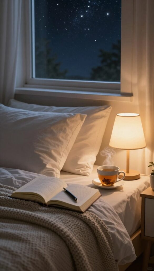 Cozy bedroom with journal and tea on nightstand, soft lamp light, starry night sky outside window