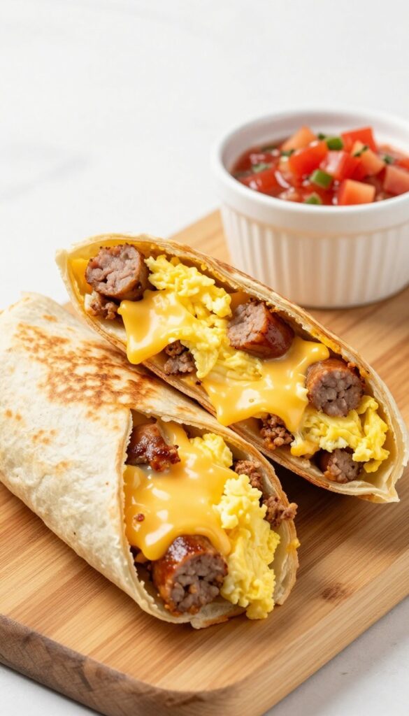 Sausage and cheese breakfast burrito cut in half on a wooden board with salsa