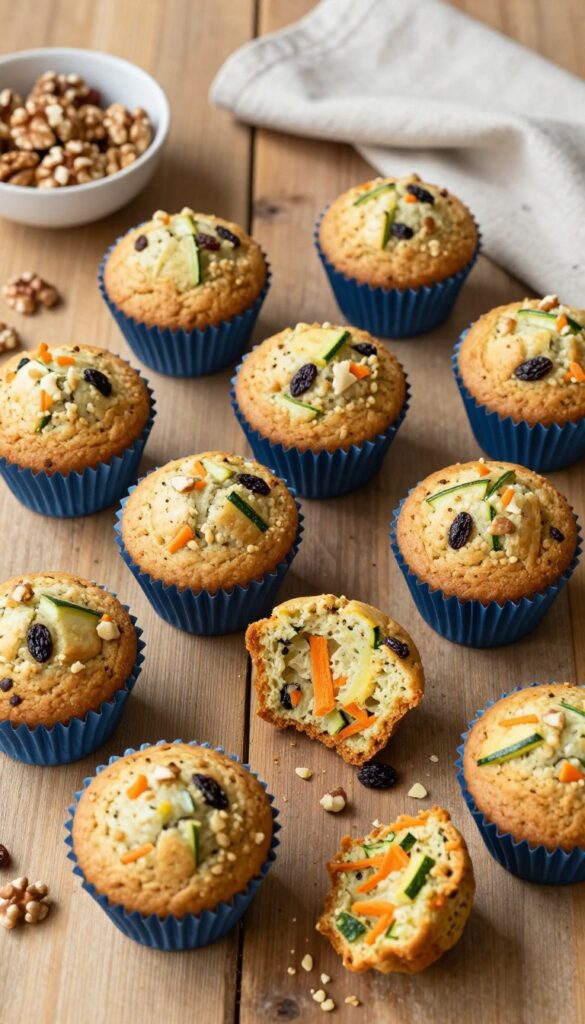 Freshly baked zucchini carrot morning glory muffins on a wooden table with visible vegetable shreds and nuts