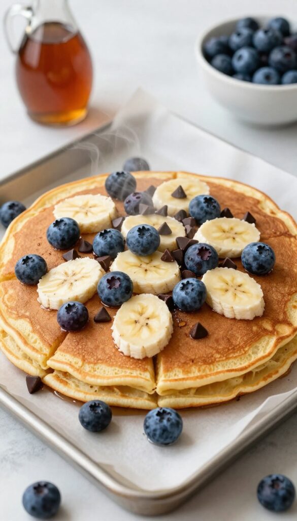Sheet pan pancake with berries and chocolate chips, cut into squares, on a baking sheet with maple syrup and toppings.