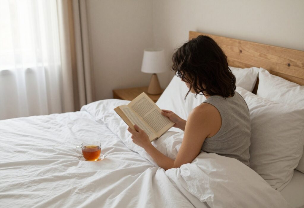 Person relaxing in bed with a book and tea during a self-care night routine