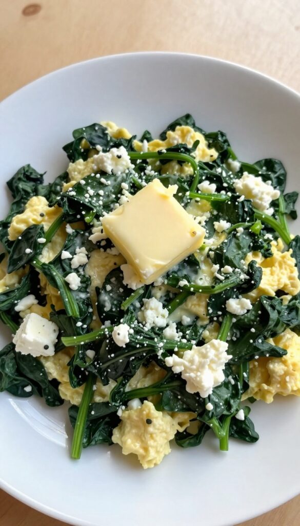 Scrambled eggs with spinach and feta on a white plate