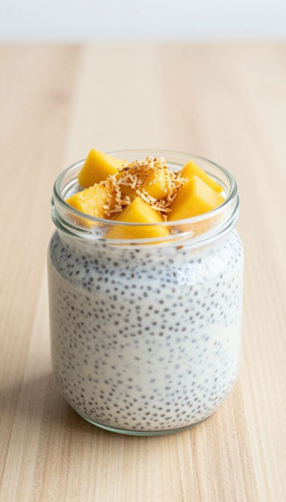 Chia seed pudding with mango and coconut in a glass jar on a wooden table