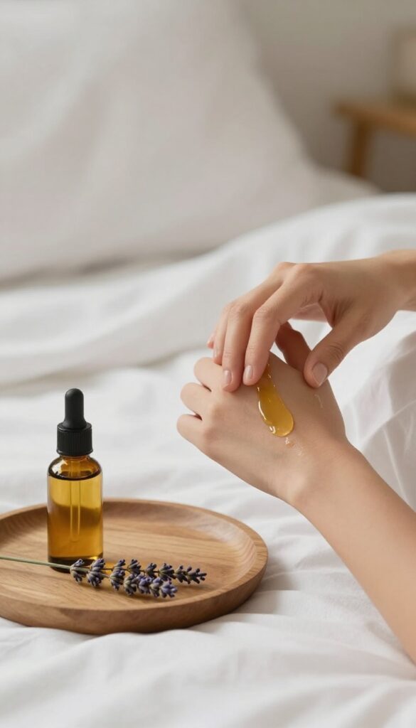 Woman applying body oil mindfully in a sunlit cozy bedroom