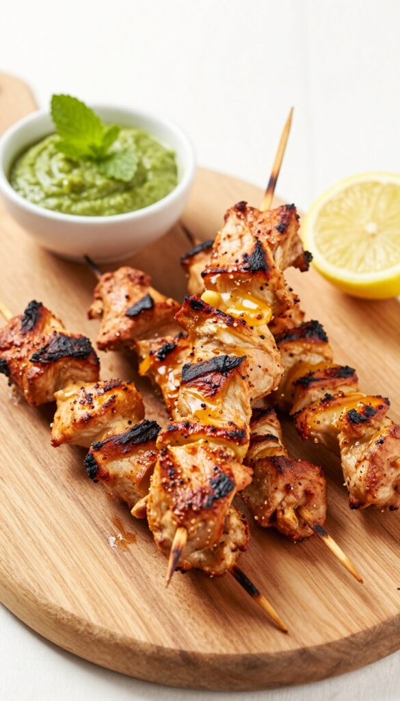 Grilled chicken tikka skewers with mint chutney and lemon wedge on a wooden board