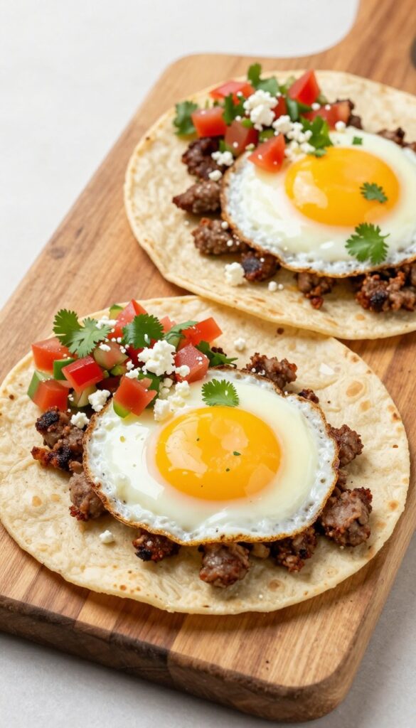 Two breakfast tacos with fried eggs, sausage, salsa, cotija cheese, and cilantro on a wooden board
