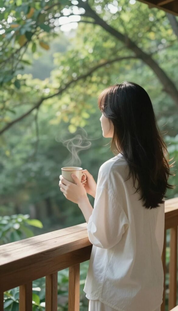 Person on balcony enjoying fresh air and morning sunlight