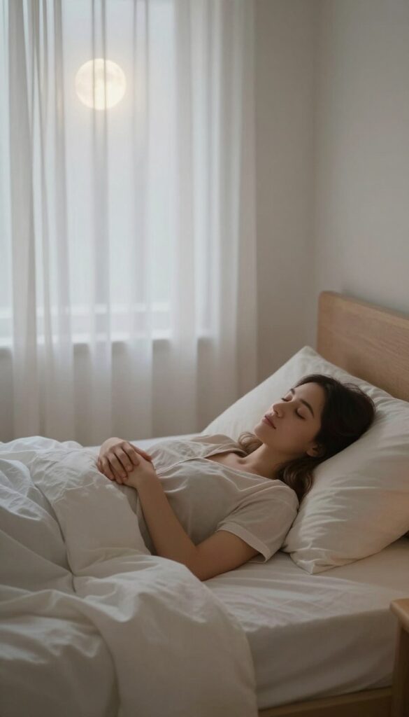 Woman practicing deep breathing in bed at night, hand on belly, calm and relaxed atmosphere