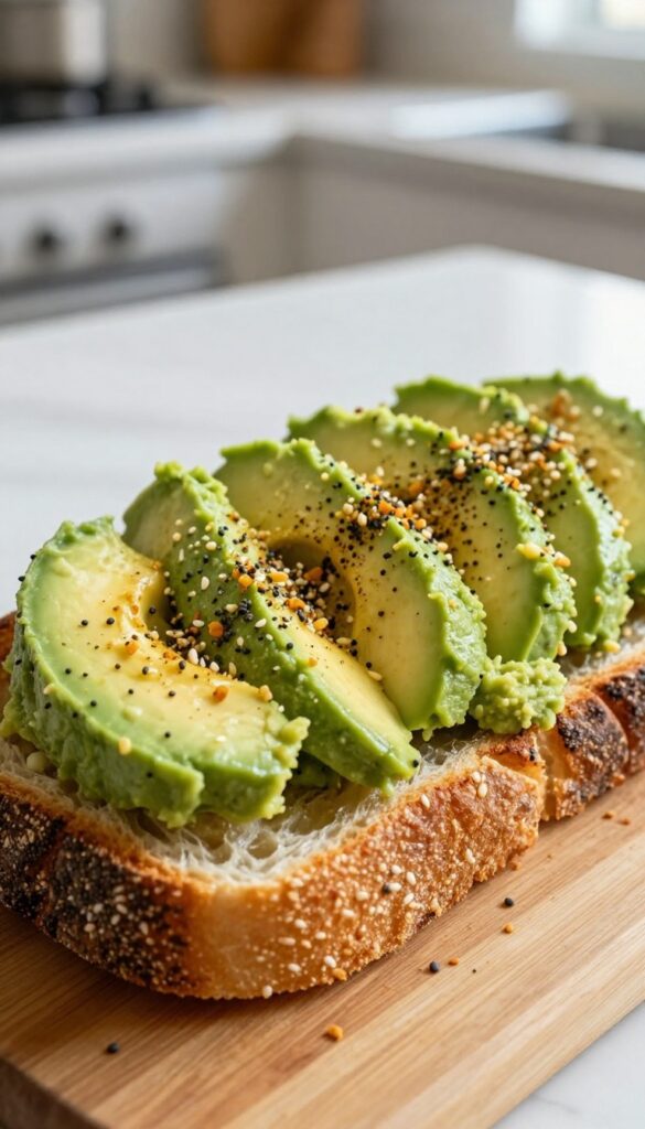 Avocado toast with everything bagel seasoning on a wooden board in natural morning light