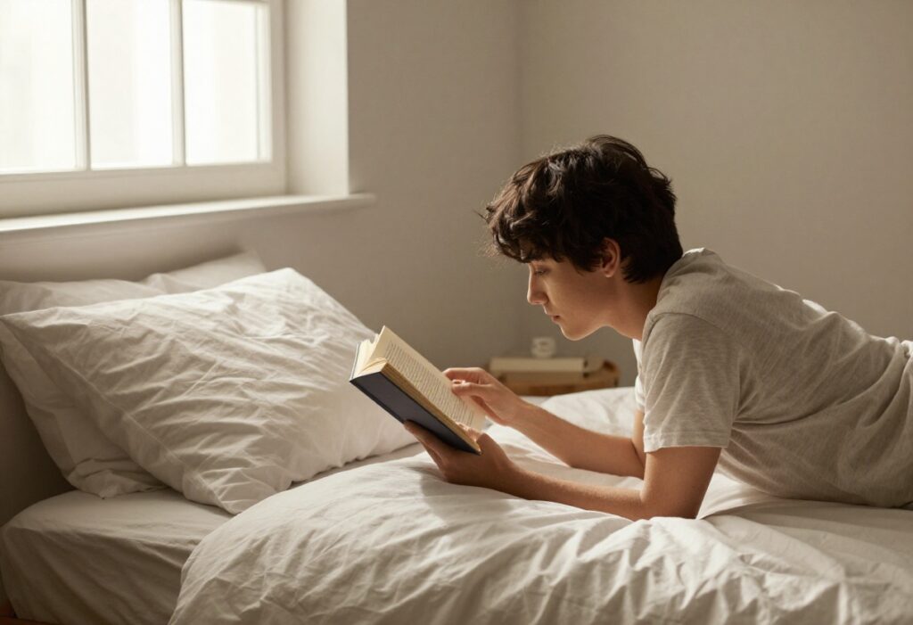 Person reading a book in a cozy bedroom with dim lighting before sleep