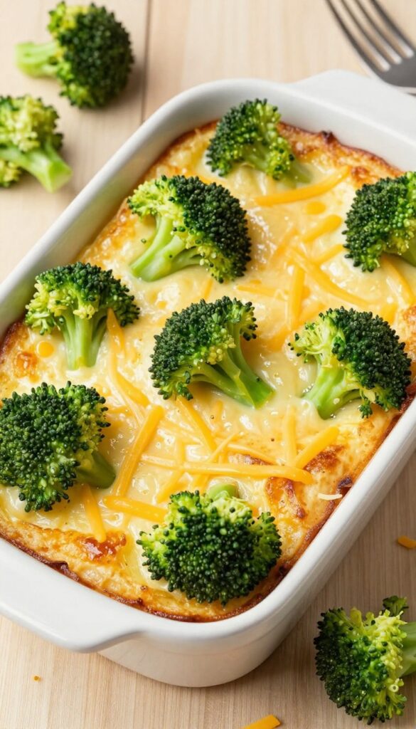 Broccoli and cheddar egg cups baked in a muffin tin, golden and cheesy, on a wooden table with natural light.
