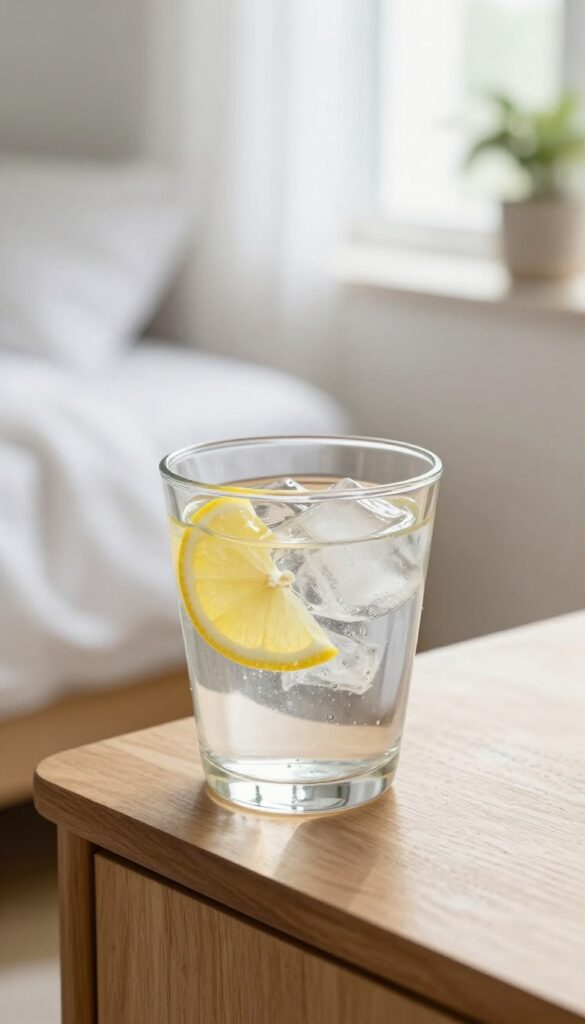 A glass of water with lemon on a nightstand in a bright bedroom