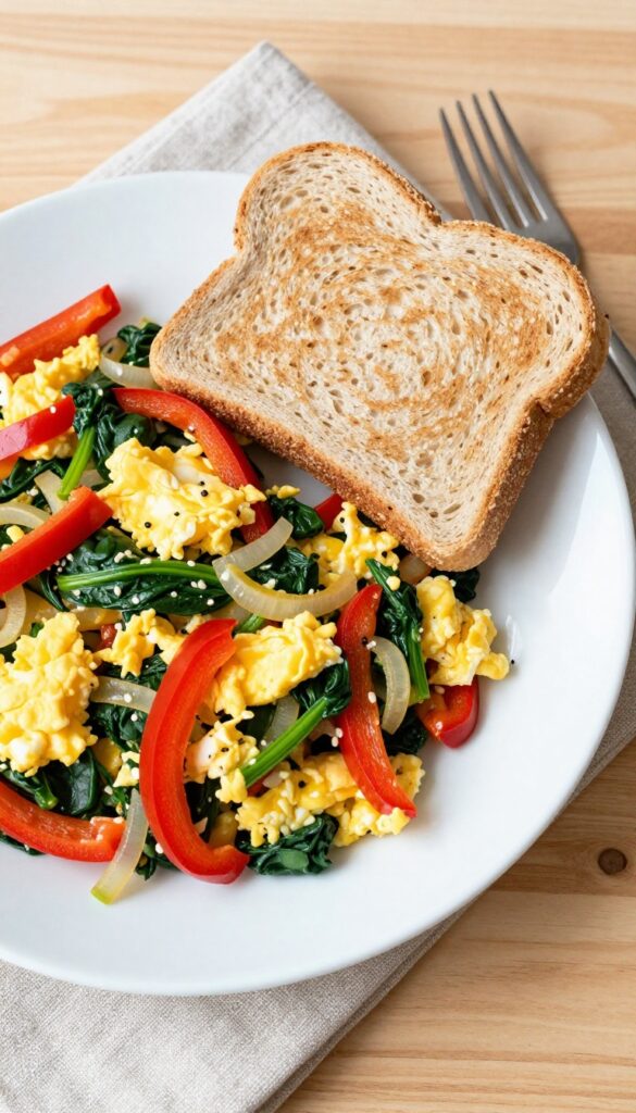 Veggie scramble with whole wheat toast on a plate, bright natural light, photorealistic food photography.