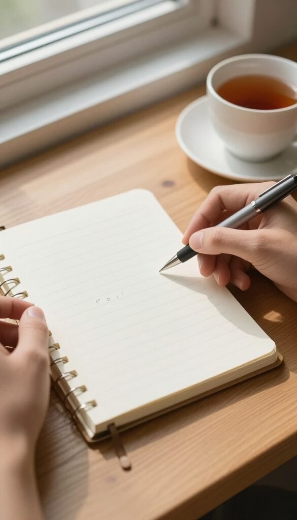 Hands writing in a notebook on a wooden desk with a pen and a cup of tea nearby, soft natural light.