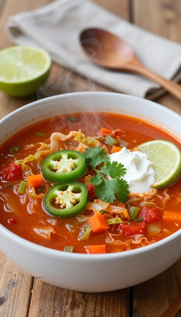Bowl of spicy cabbage soup with jalapeño, lime, and cilantro on a wooden table