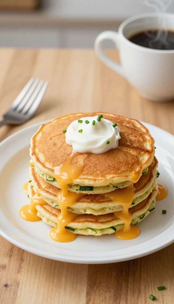 Zucchini and cheddar pancakes topped with sour cream and chives on a plate