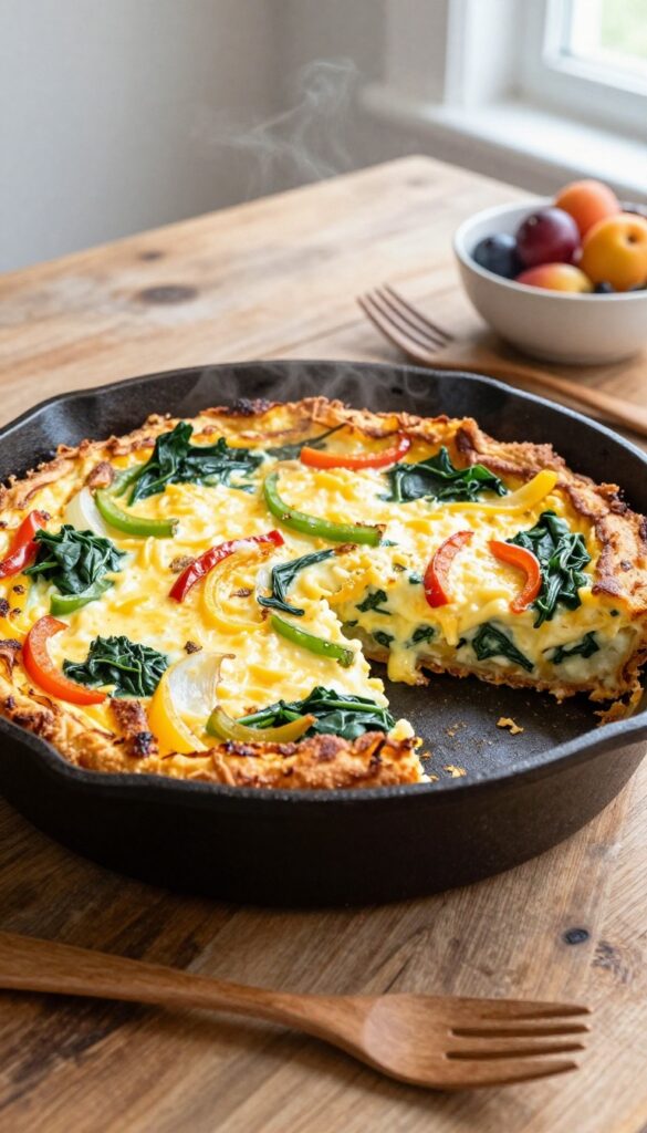 Crispy hash brown and vegetable frittata in a cast-iron skillet, sliced into wedges with visible vegetables and melted cheese.
