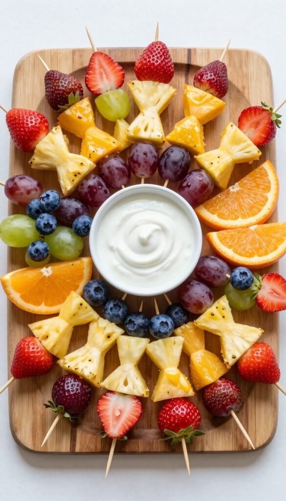 Rainbow fruit skewers with honey yogurt dip on a wooden platter