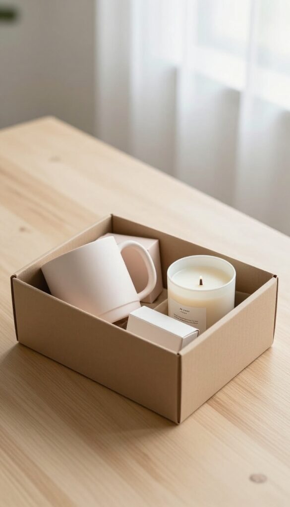 Subscription box starter basket with a curated box and a complementary gift on a wooden table in natural light
