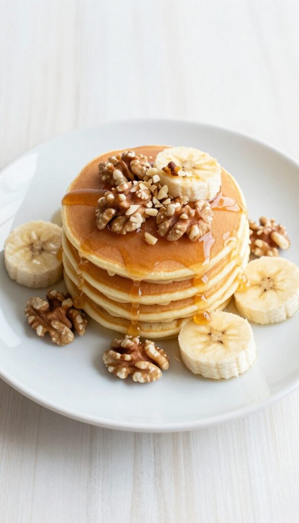 Stack of banana nut pancakes with maple syrup, sliced bananas, and walnuts on a plate