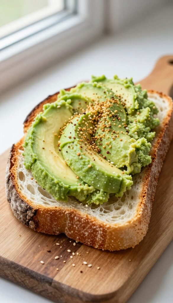 Avocado toast with everything bagel seasoning on a wooden board