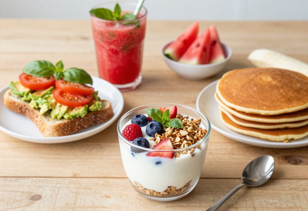A collection of light and healthy breakfast dishes including avocado toast, yogurt parfait, smoothie, and pancakes on a wooden table.