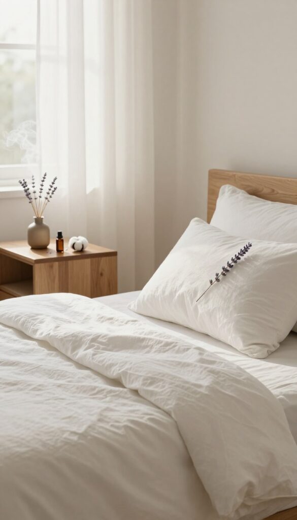 Calming essential oil diffuser on a bedside table in a peaceful bedroom with natural light