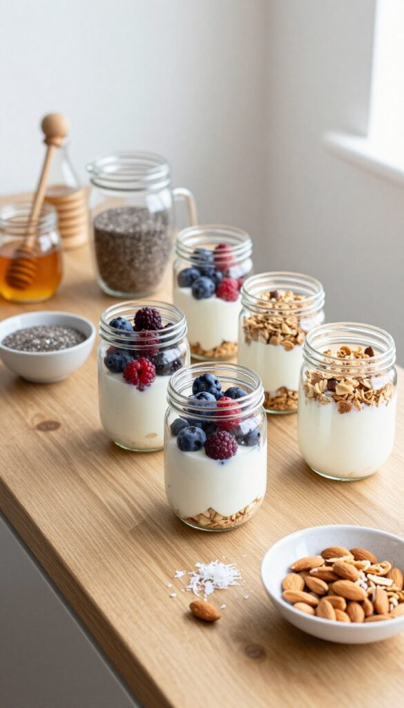 A yogurt and berry breakfast parfait bar setup with layered parfaits in clear glass cups and bowls of toppings on a wooden table.