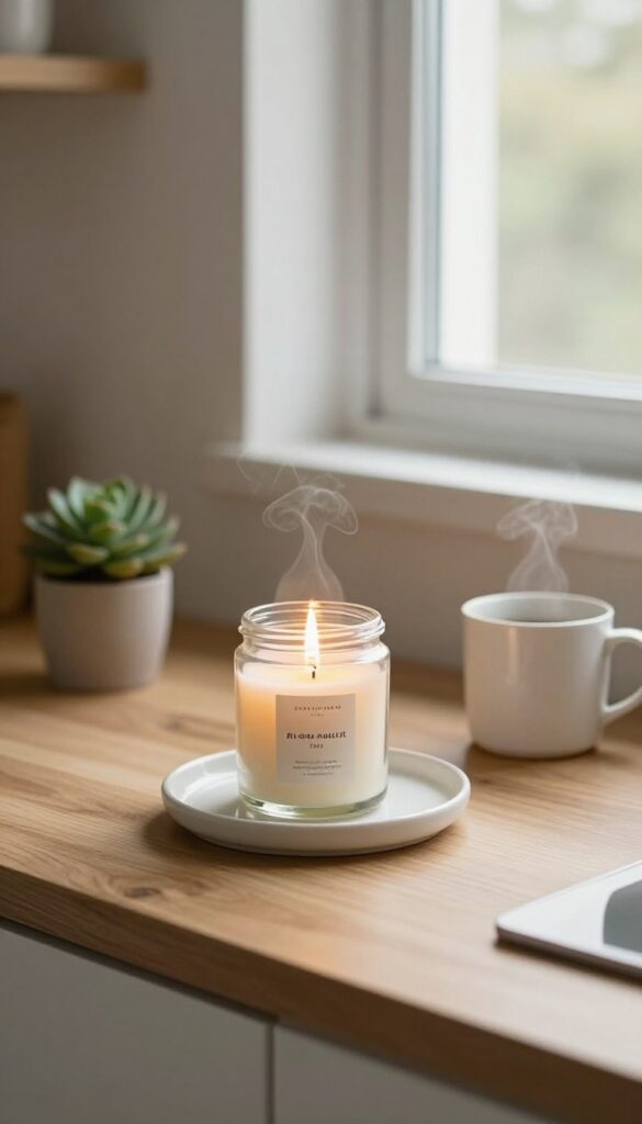 Morning candle ritual with coffee and succulent on a tray
