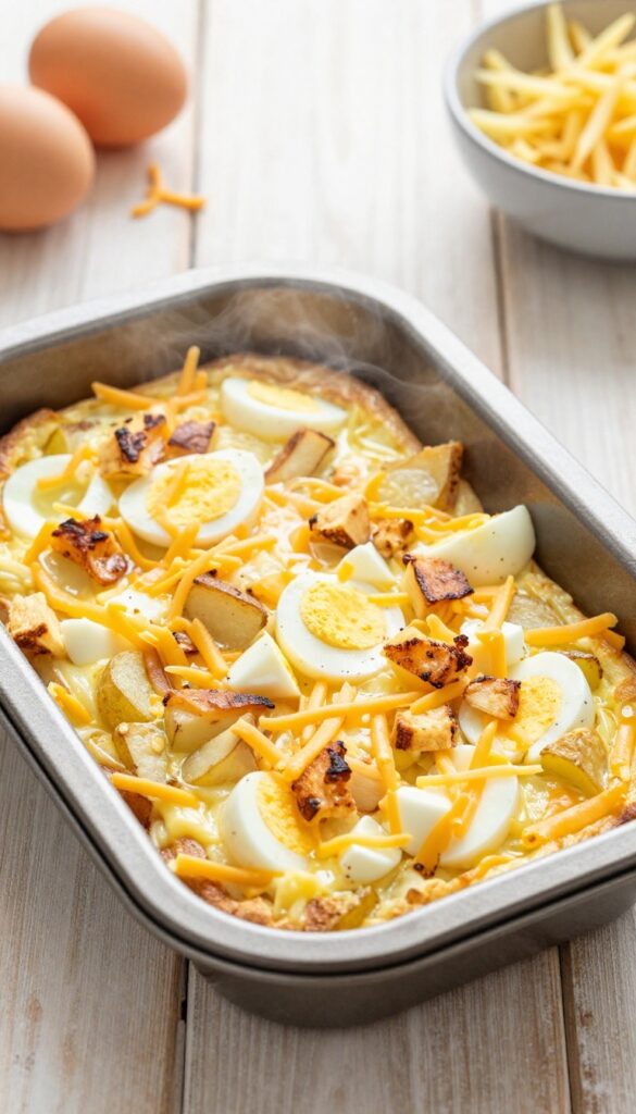 Mini egg and potato frittatas in a muffin tin, golden brown with melted cheese and chopped hard boiled eggs, on a wooden table with natural light.