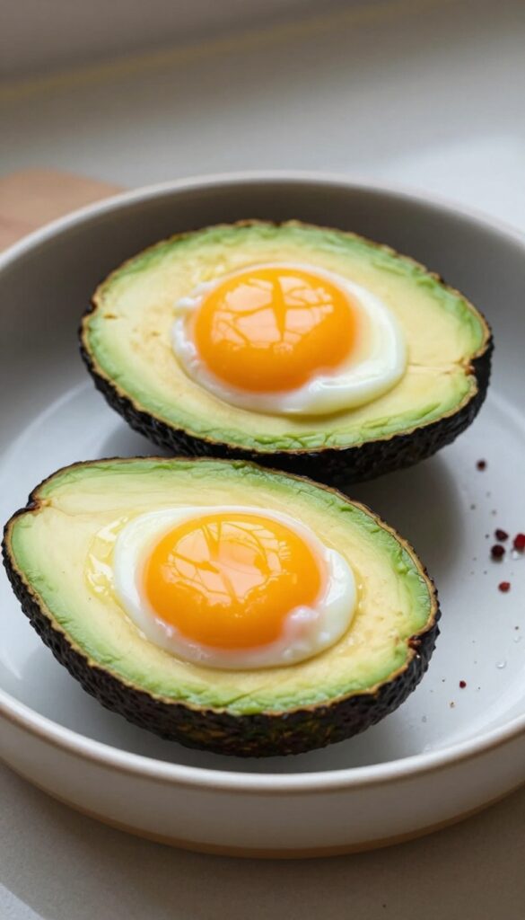 Baked eggs in avocado halves in a baking dish, with runny yolks and seasoning