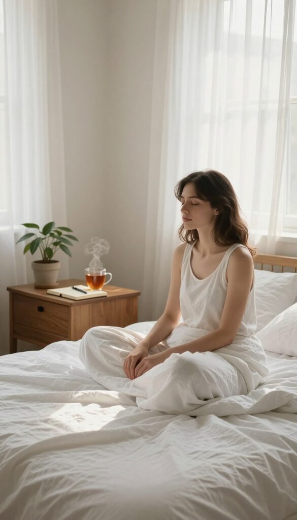 Woman meditating in bed at sunrise with journal and tea, no phone, serene self-care morning routine