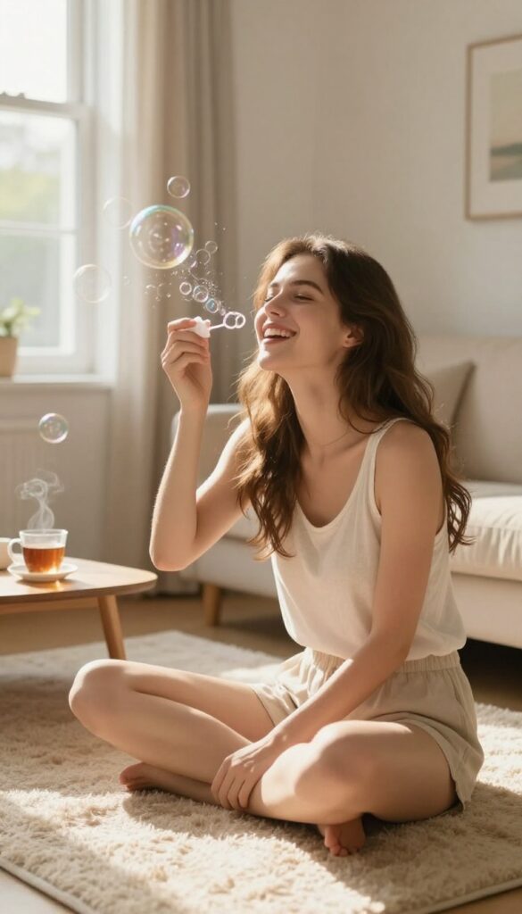 Woman blowing bubbles indoors, laughing, surrounded by floating bubbles in sunlit room