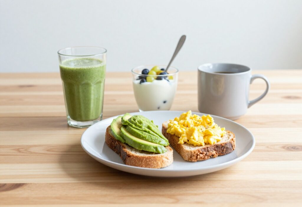 Assorted quick breakfast ideas including smoothie, avocado toast, yogurt parfait, and scrambled eggs on a wooden table.