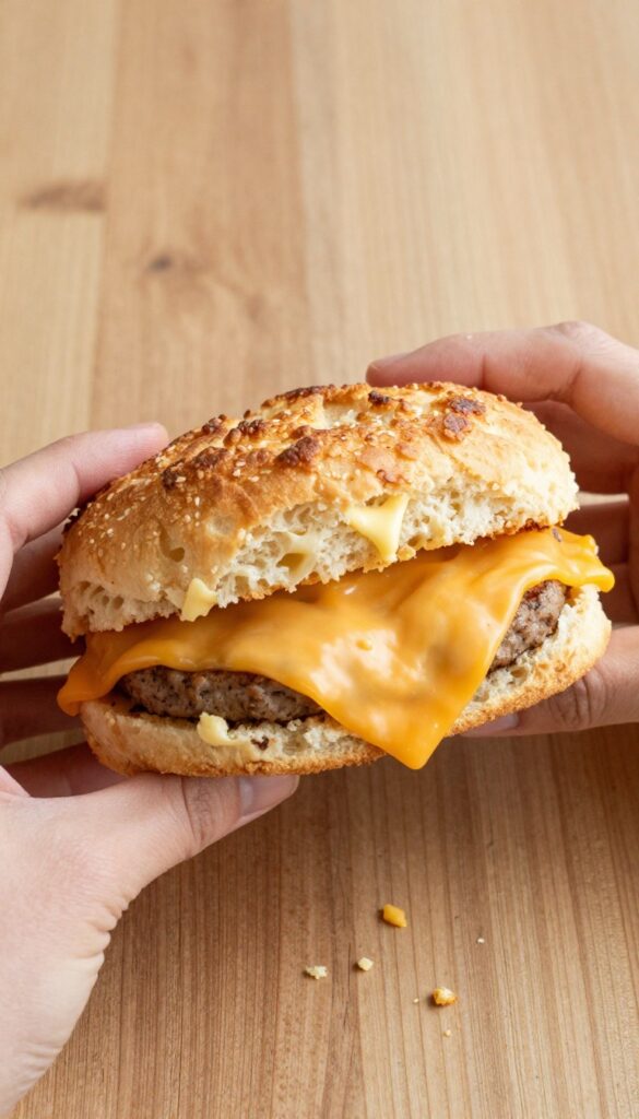 A warm, flaky buttermilk biscuit sandwich with a sausage patty and melted cheddar cheese, held in hands on a rustic wooden table in bright natural light.