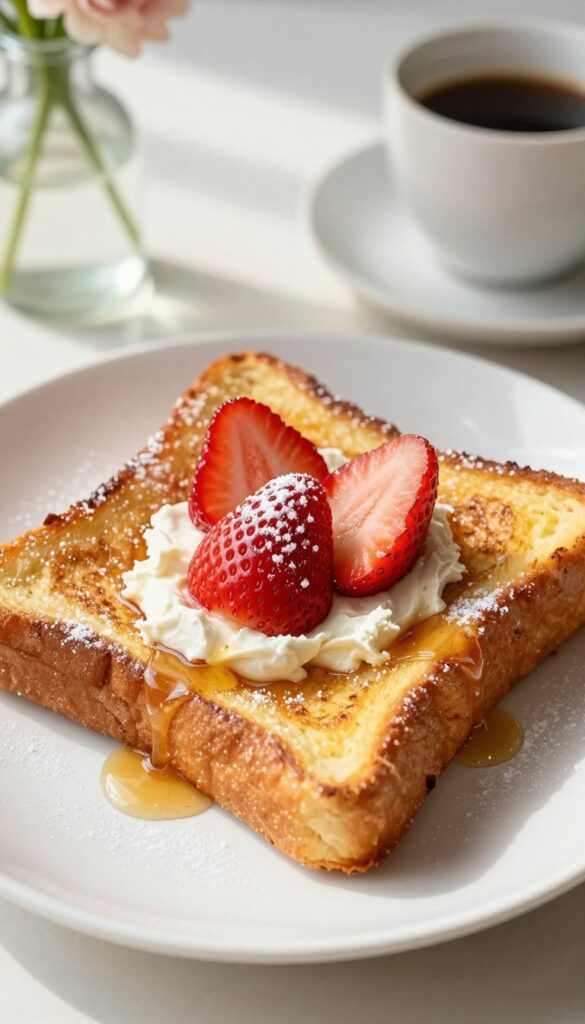 Stuffed French toast with mascarpone and strawberries, dusted with powdered sugar and drizzled with maple syrup, on a white plate.