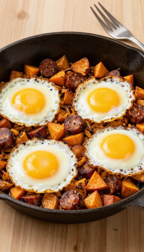 Chorizo and sweet potato hash with fried eggs in a cast-iron skillet