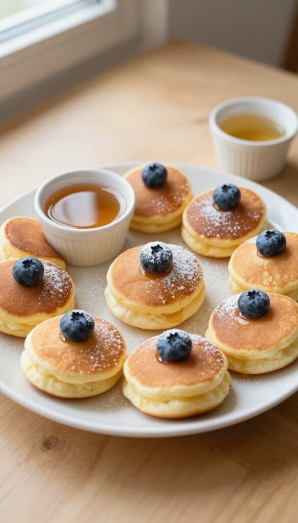 Mini pancake bites with blueberries and yogurt on a platter