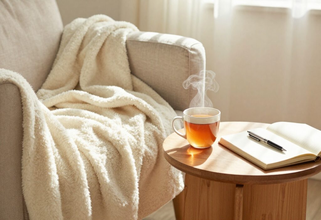 Cozy living room setup with tea, blanket, and journal for self-care