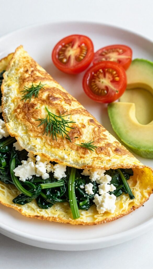 Spinach and feta stuffed omelette on a plate with cherry tomatoes and avocado