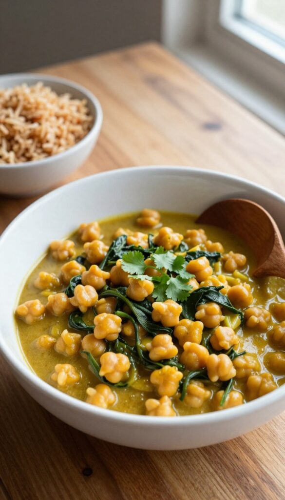 Bowl of chickpea and spinach curry with brown rice on a wooden table