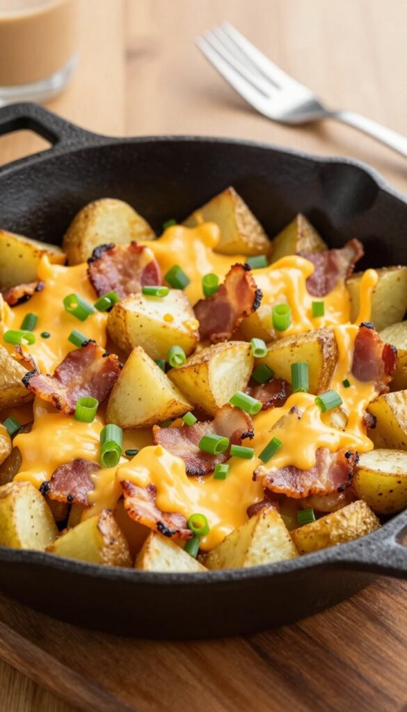 Cheesy potato and bacon skillet in a cast-iron pan with melted cheddar and green onions