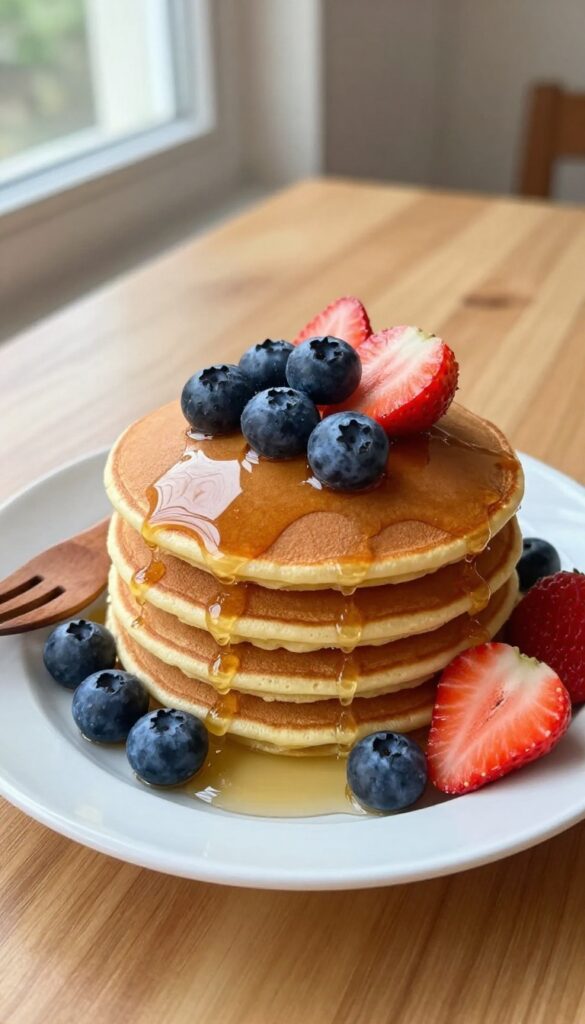 Stack of banana pancakes with berries and maple syrup on a plate