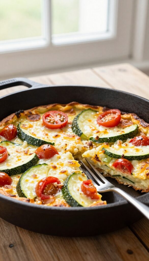Veggie-packed frittata in a cast iron skillet, sliced into wedges with visible zucchini and cherry tomatoes.