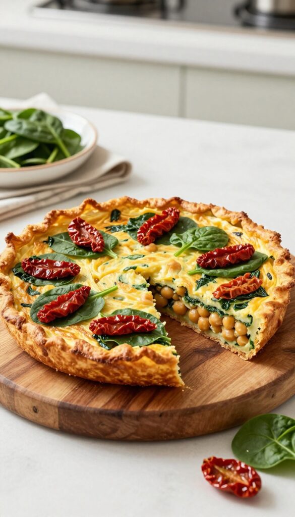 Chickpea flour frittata with spinach and sun-dried tomatoes on a wooden board