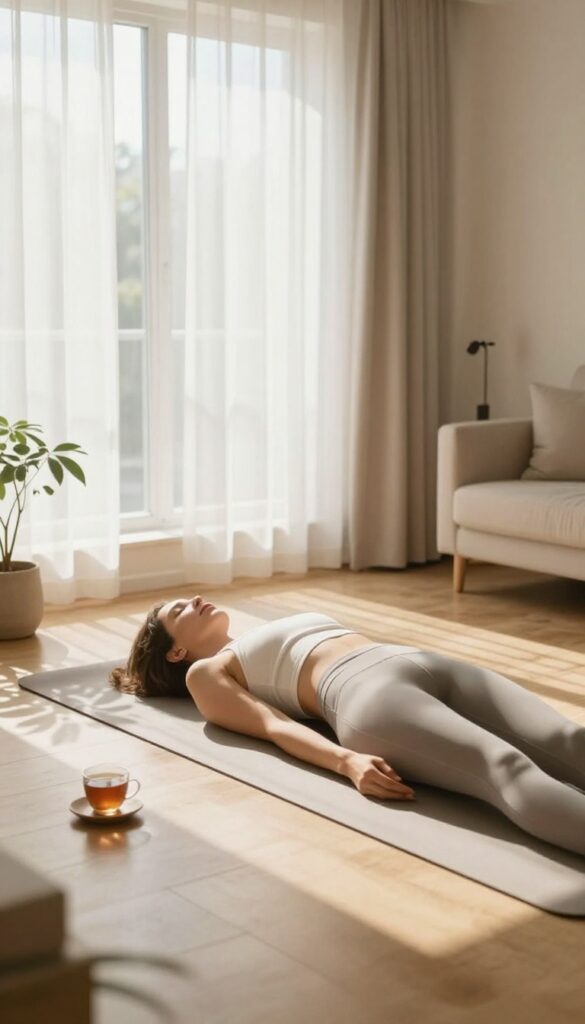 Woman doing a gentle forward fold on a yoga mat in a bright, peaceful living room